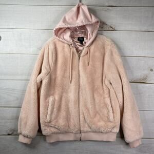 FOREVER 21 Jacket Womens L Pink Faux Fur Hooded Bomber Coat Full Zip Satin Lined